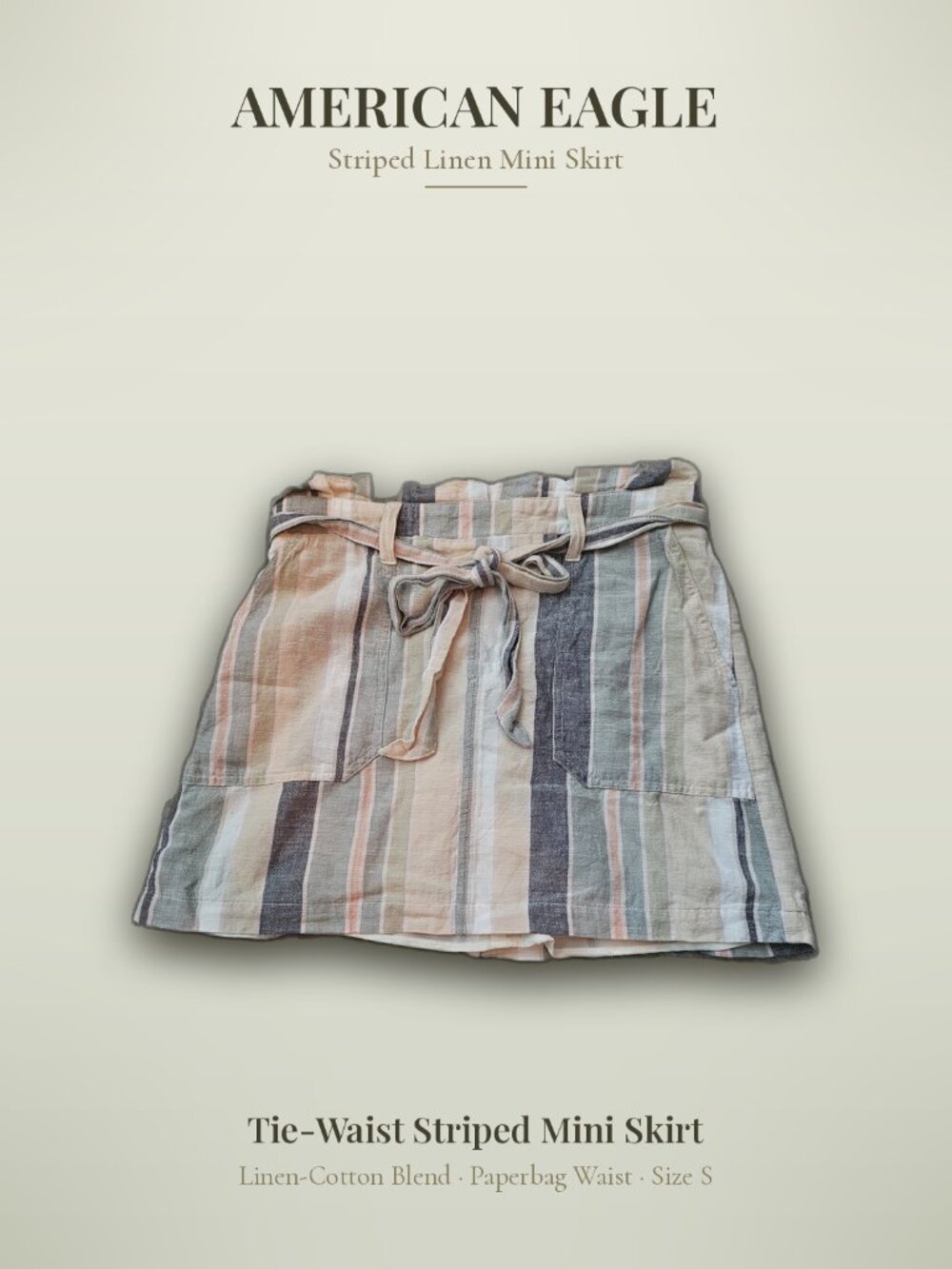 American Eagle Striped Linen Blend Paperbag Waist Skirt Tie Belt Pockets Small